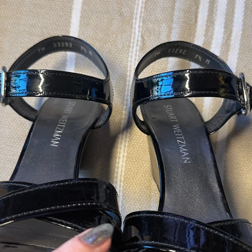 EUC Stuart Weitzman Black Wedge Strappy Open Toe Sandals Size 7.5 - Picture 5 of 7
